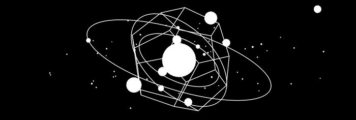 A solar system and a dodecahedron, in white lines over a black background