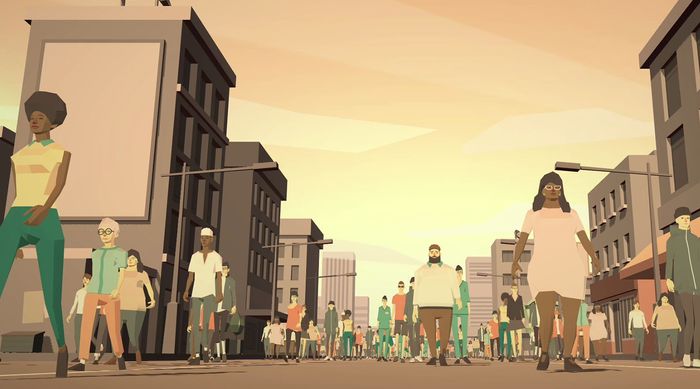 A 3D scene of a street with a crowd marching. Rendered in low-polygon, pastel colours
