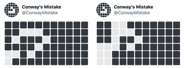 Two tweets showing a grid of white and black emoji forming each a state in a Game of Life simulation